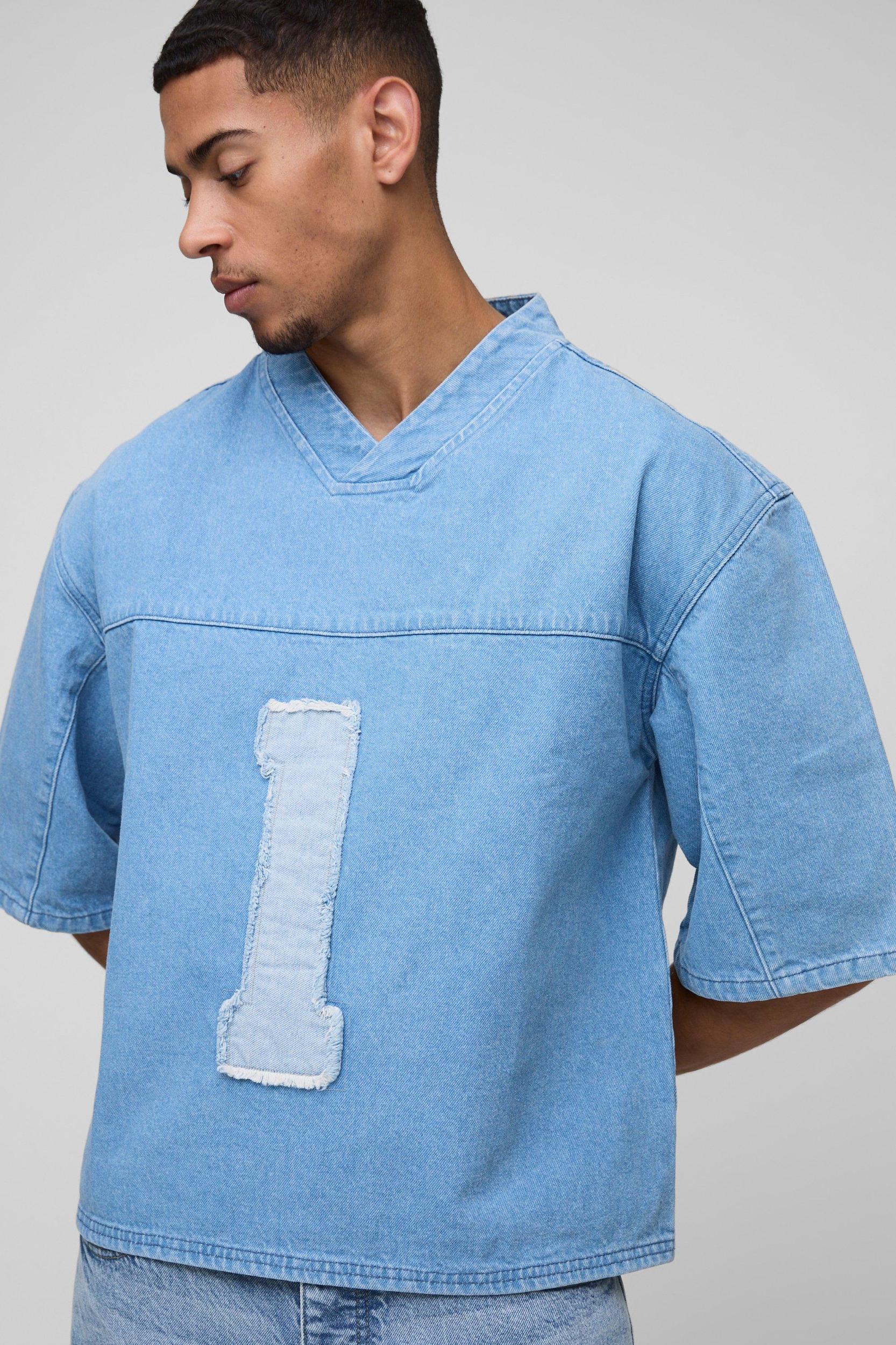 Oversized Boxy Denim V Neck Applique Football Top | boohooMAN USA Product Image