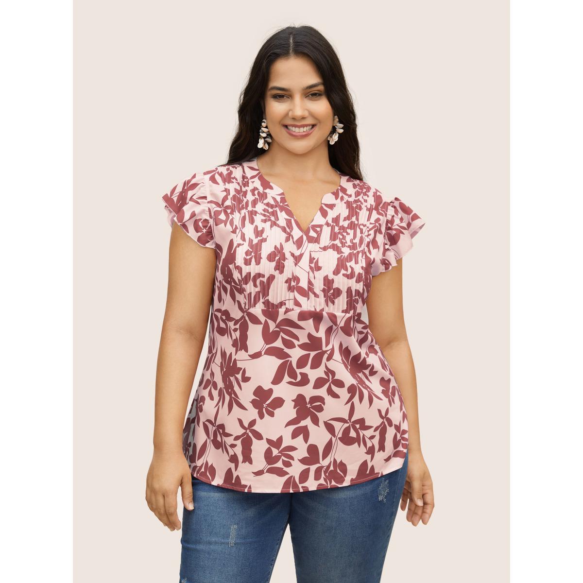 Plus Size Dirtypink Silhouette Floral Print Notched Collar Pleated Blouse Women Resort Cap Sleeve Notched collar Vacation Blouses BloomChic 30/6X Product Image