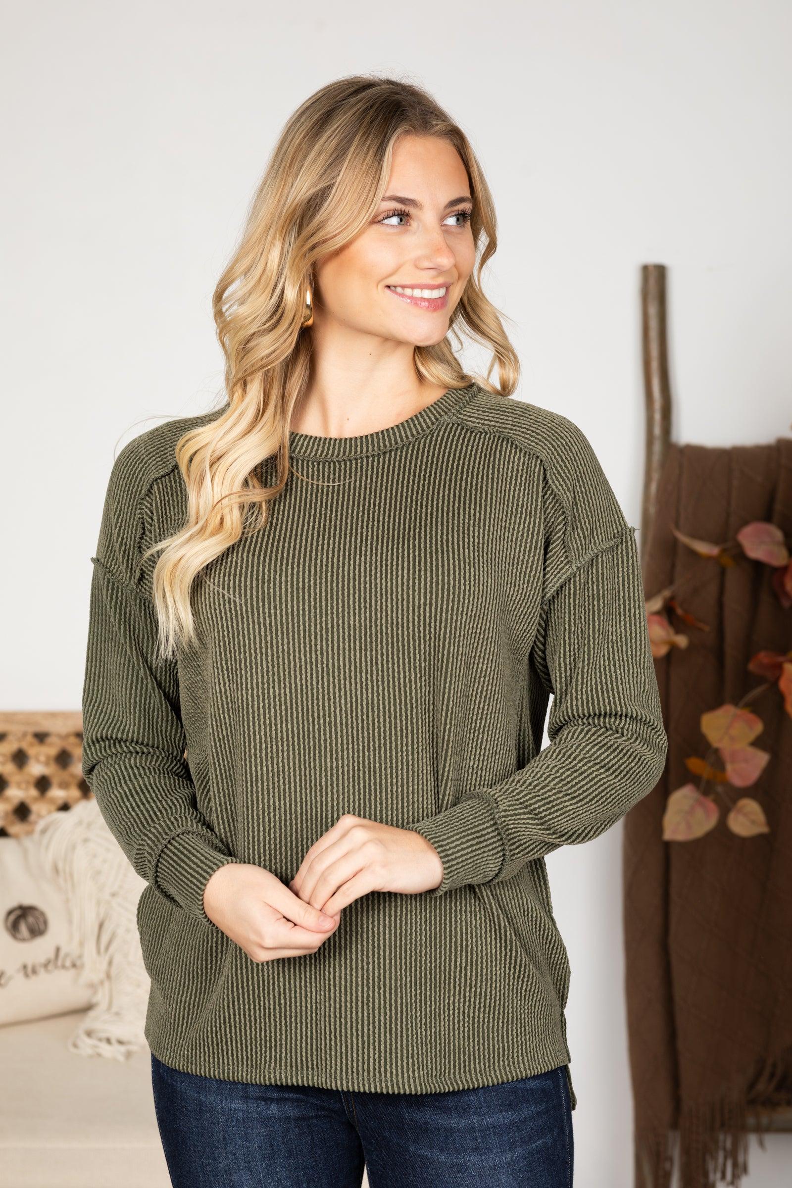 Ribbed Drop Shoulder Long Sleeve Knit Top Product Image