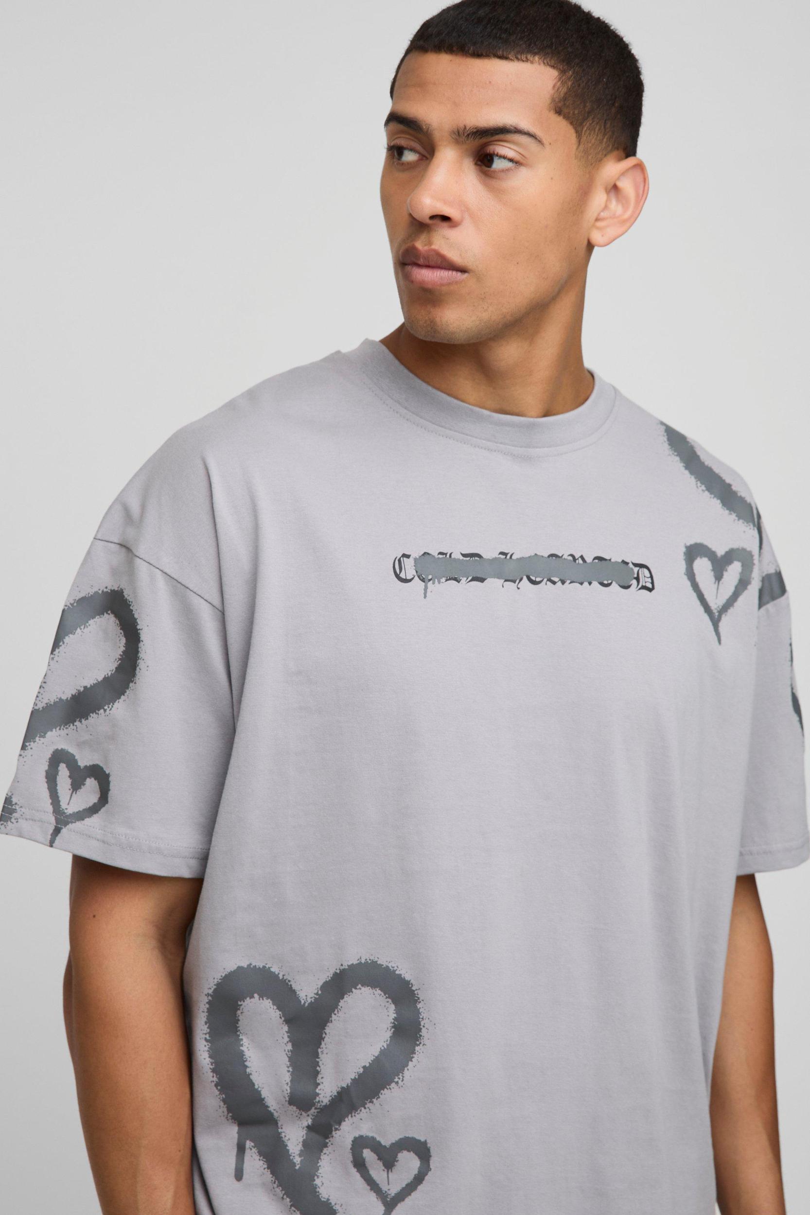 Oversized Boxy All Over Heart Printed T-Shirt And Short Set | boohooMAN USA Product Image