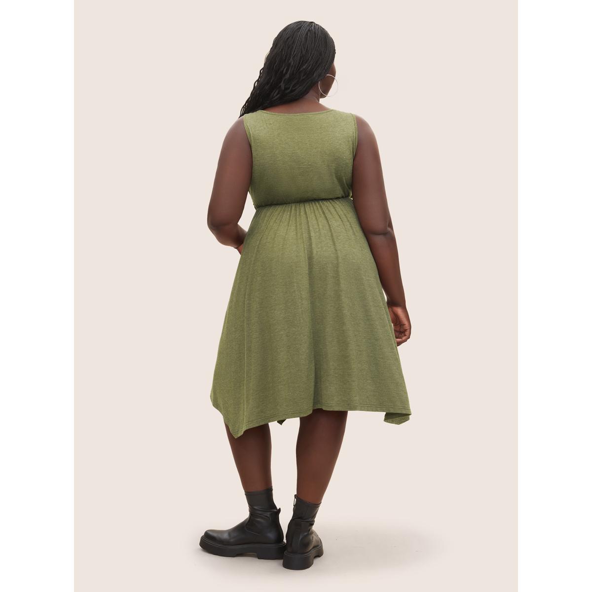Plus Size Supersoft Essentials Twist Front Ruched Dress Moss Women Casual Asymmetrical Round Neck Sleeveless Curvy Midi Dress BloomChic 26/4X Product Image