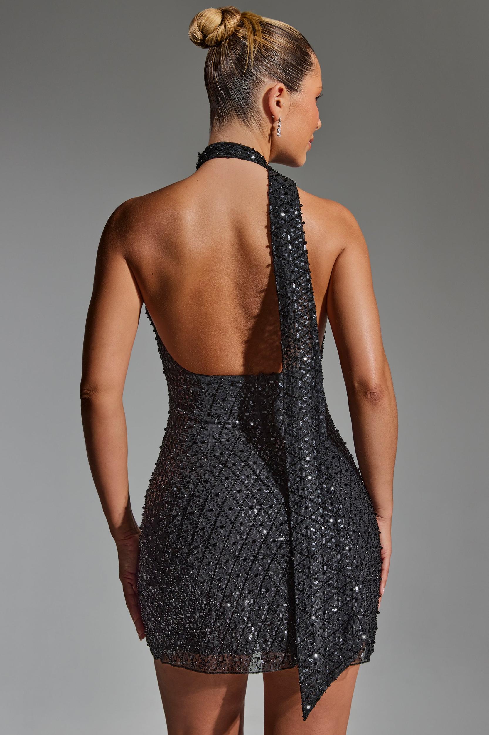 Embellished Scarf-Detail Halterneck Mini Dress in Black Product Image