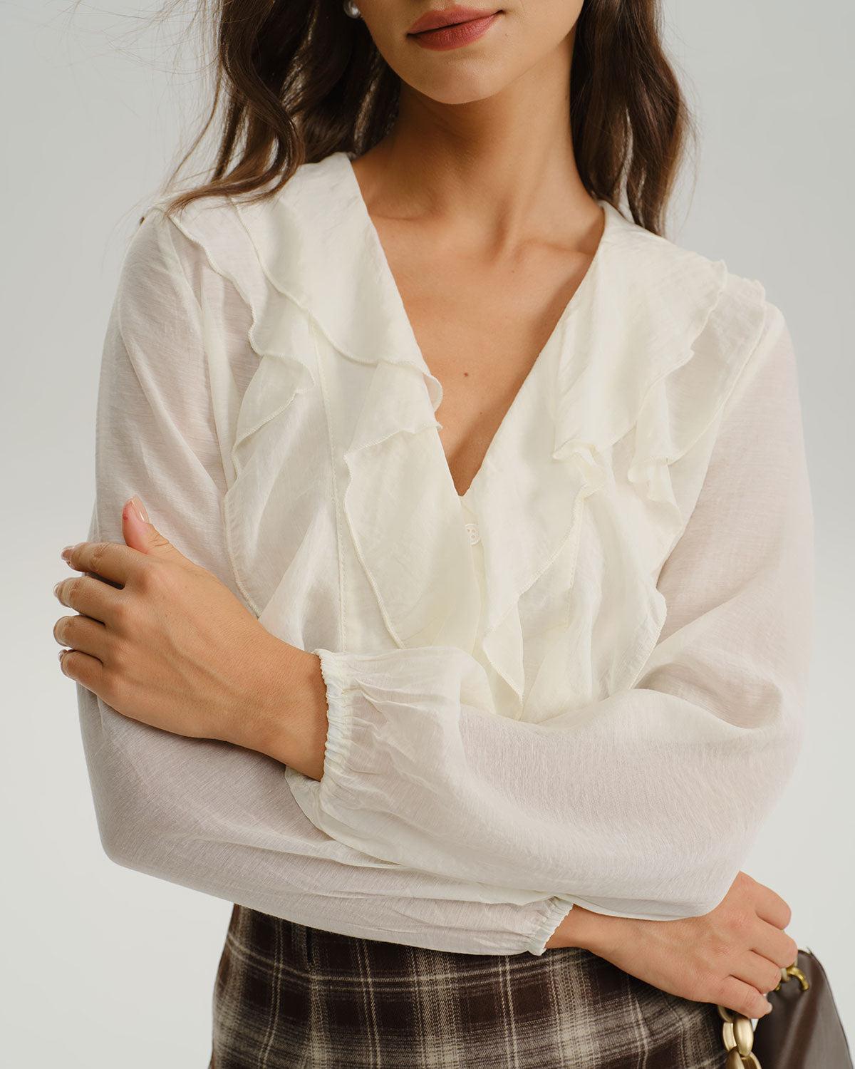 White V Neck Ruffle Loose Shirt Product Image