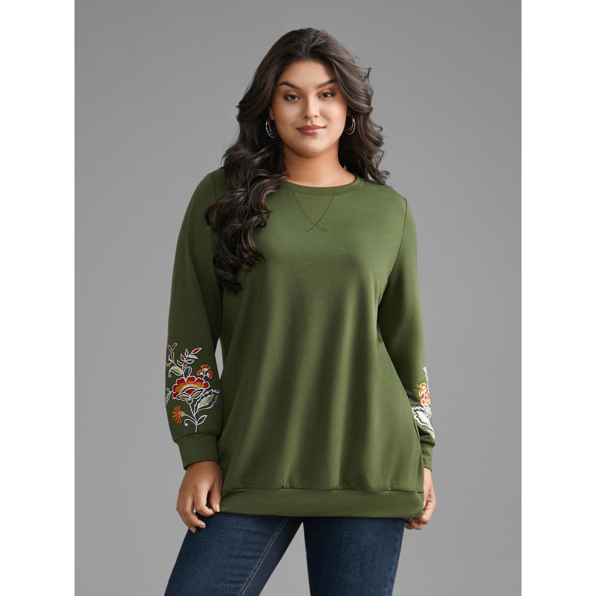 Plus Size Crew Neck Floral Embroidered Sweatshirt Women ArmyGreen Casual Embroidered Loose Round Neck Everyday Sweatshirts BloomChic 12/L Product Image