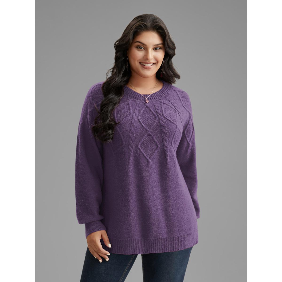 Plus Size Cable Knit Bodice Crew-Neck Pullover Mauve Women Casual Loose Long Sleeve Round Neck Everyday Pullovers BloomChic 12/L Product Image