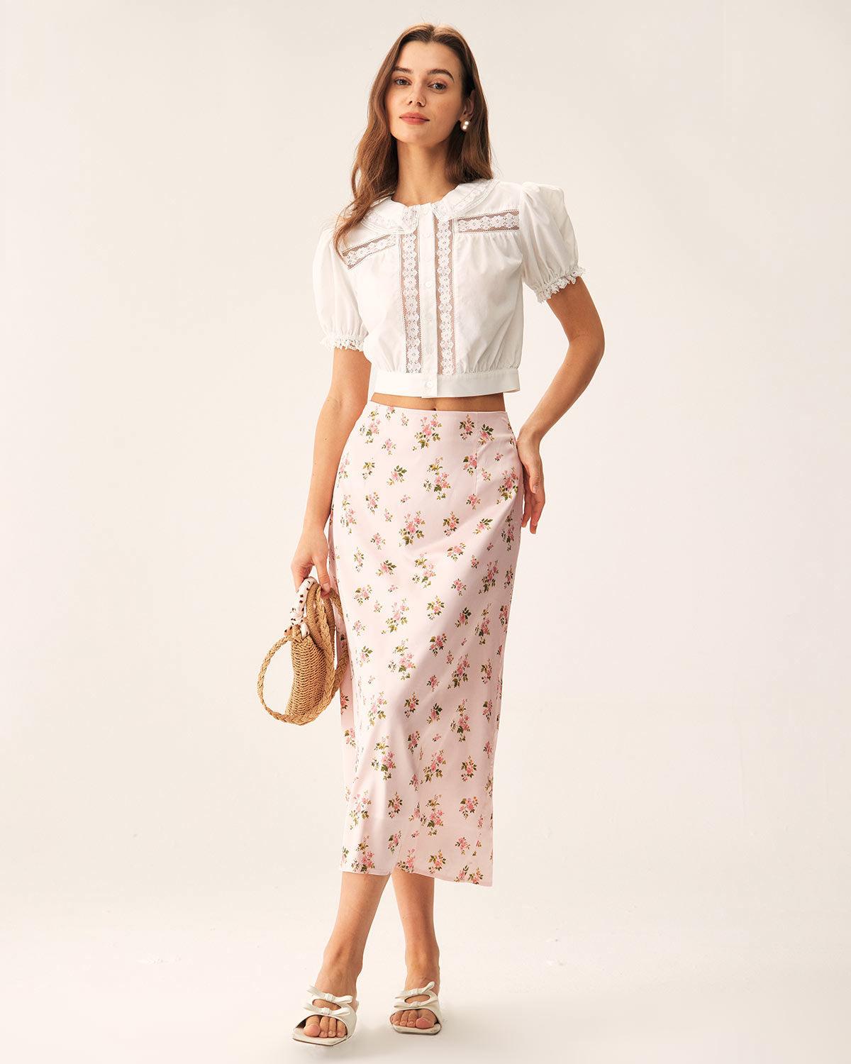 White Floral Puffed Sleeve Cropped Blouse Product Image