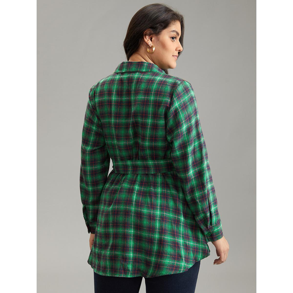 Plus Size Green Shirt Collar Plaid Belted High Low Hem Blouse Women Elegant Long Sleeve Shirt collar Festival-Christmas Blouses BloomChic 14-16/1X Product Image