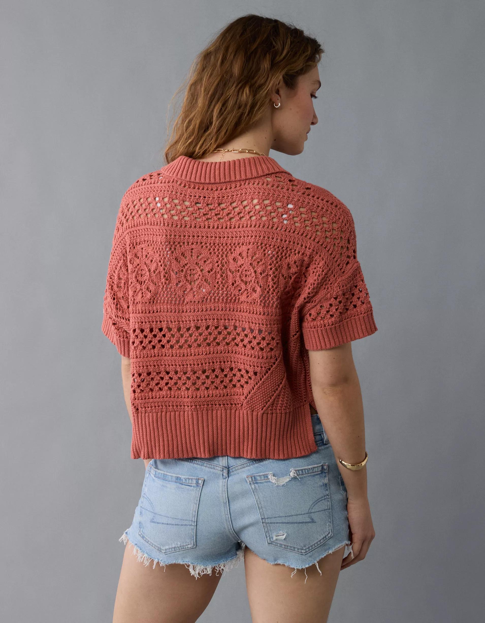 AE Crochet Button-Up Sweater Polo Shirt Product Image