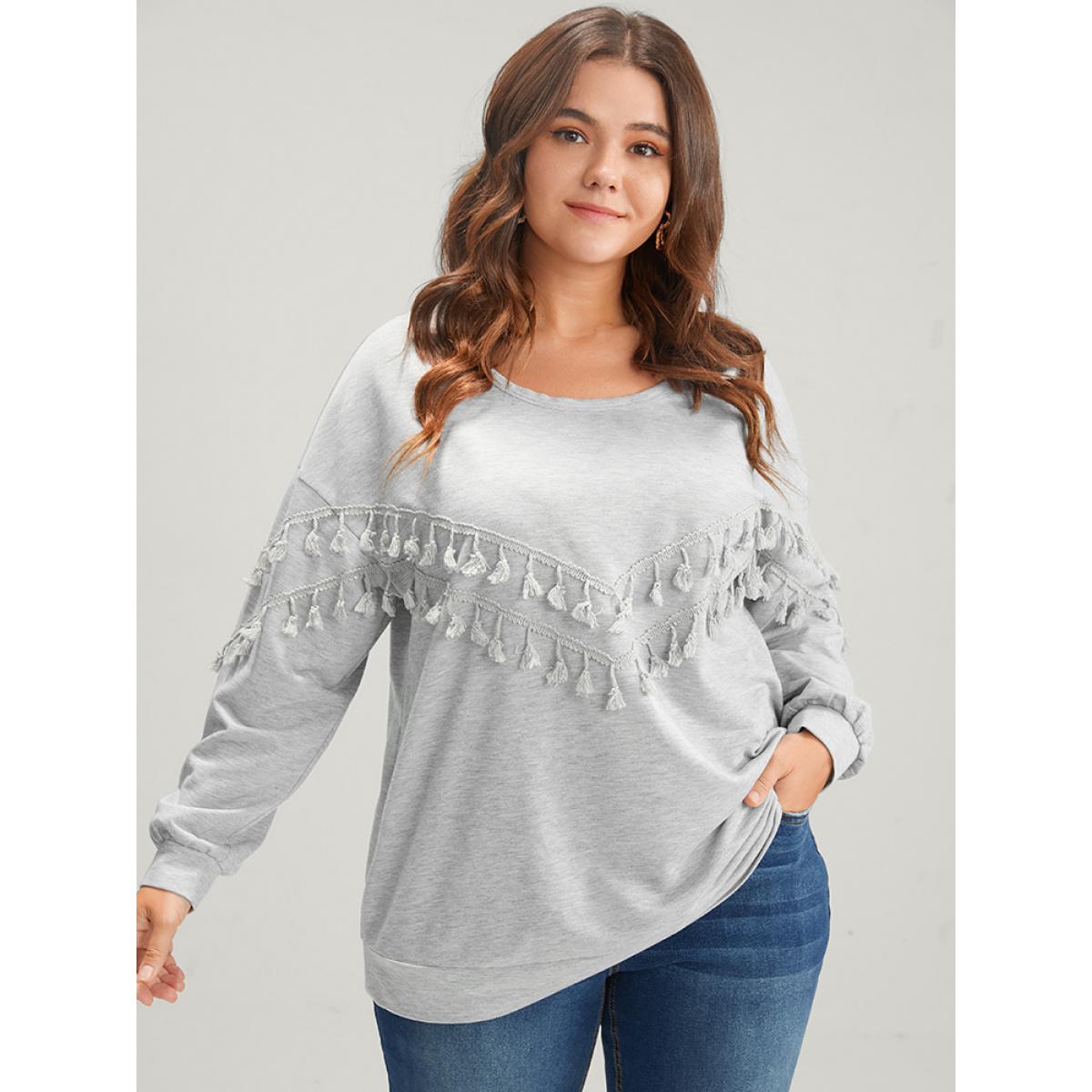 Plus Size Solid Round Neck Tassels Drop Shoulder Sweatshirt Women LightGray Casual Patchwork Round Neck Dailywear Sweatshirts BloomChic 18-20/2X Product Image