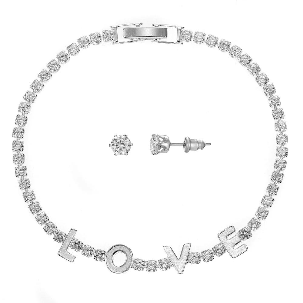 Silver Tone Cubic Zirconia "Love" Tennis Bracelet & Stud Earrings Set, Women's Product Image