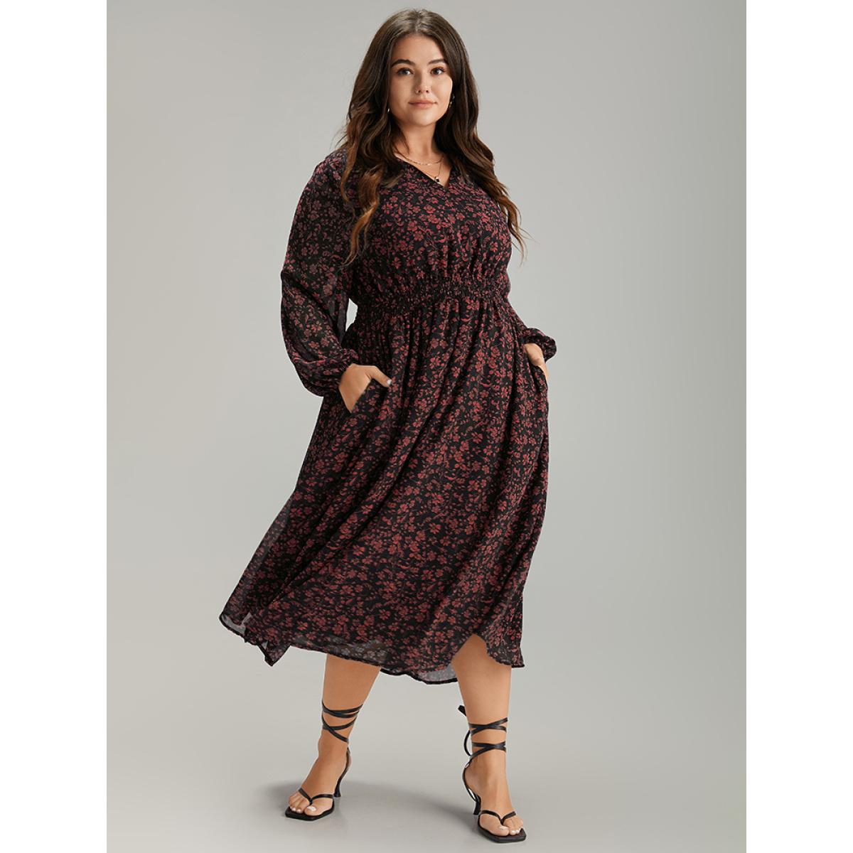 Plus Size Chiffon Ditsy Floral Pocket Shirred Cuffs Dress Scarlet Women Elegant Elastic cuffs V-neck Long Sleeve Curvy Midi Dress BloomChic 10/M Product Image
