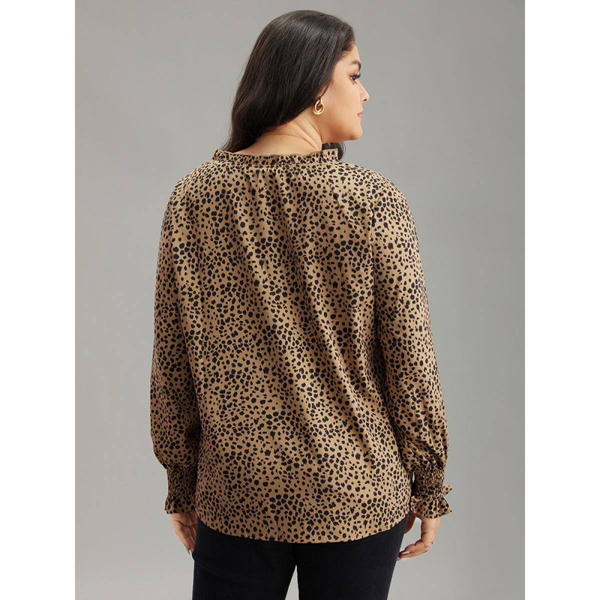 Plus Size Brown Leopard Shirred Notched Lantern Sleeve Blouse Women Elegant Long Sleeve Notched collar Dailywear Blouses BloomChic 22-24/3X Product Image