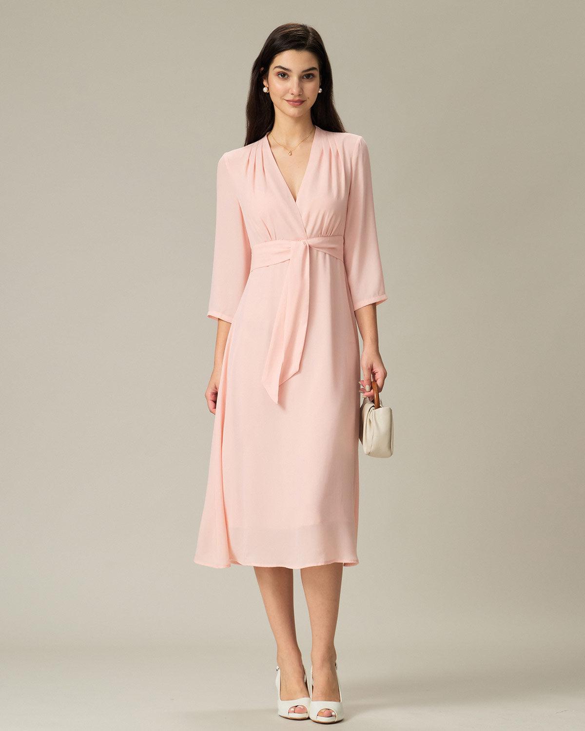 Pink V-Neck Pleated Midi Dress Product Image