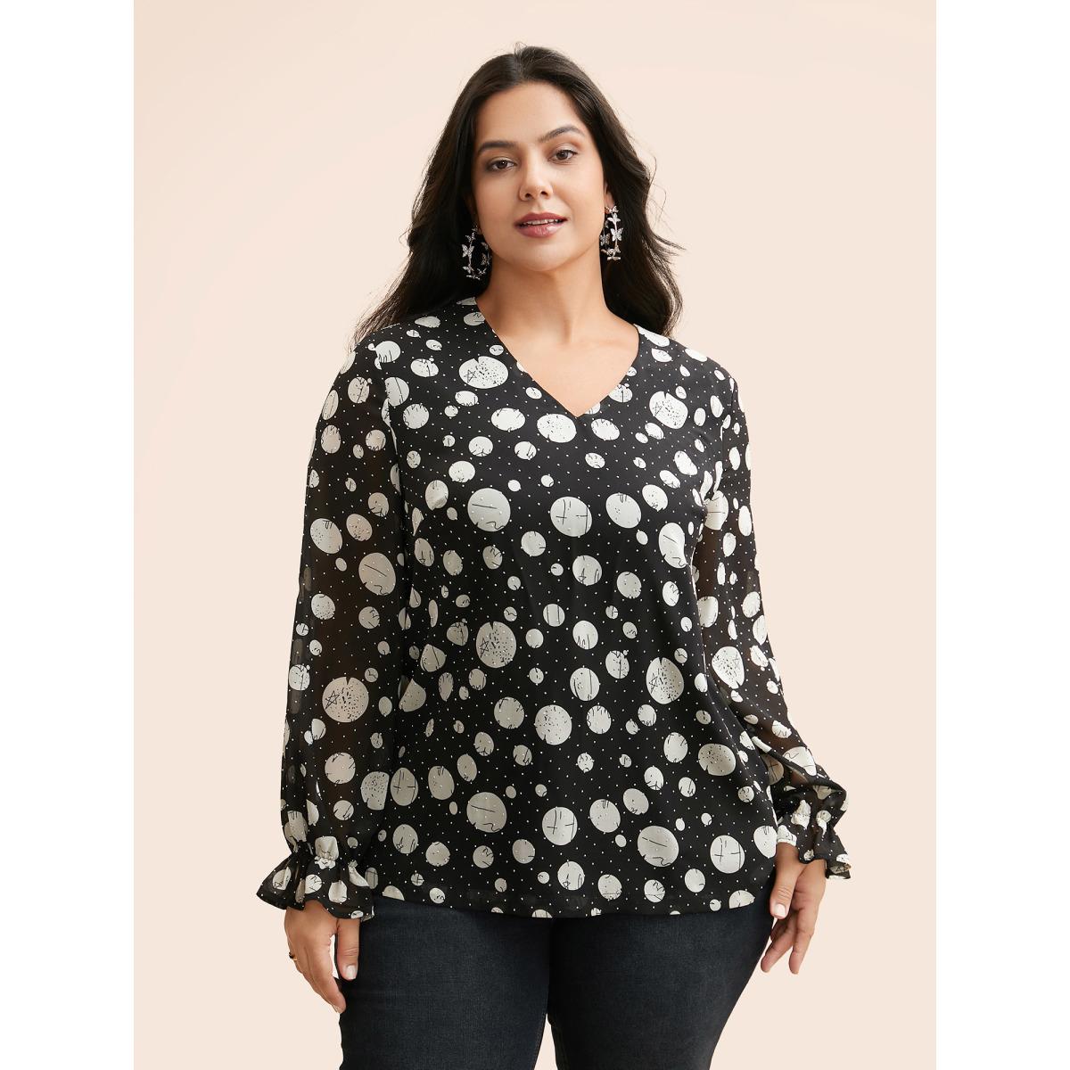 Plus Size Black Polka Dot Rhinestone Lantern Sleeve Blouse Women Casual Long Sleeve V-neck Everyday Blouses BloomChic 12/L Product Image