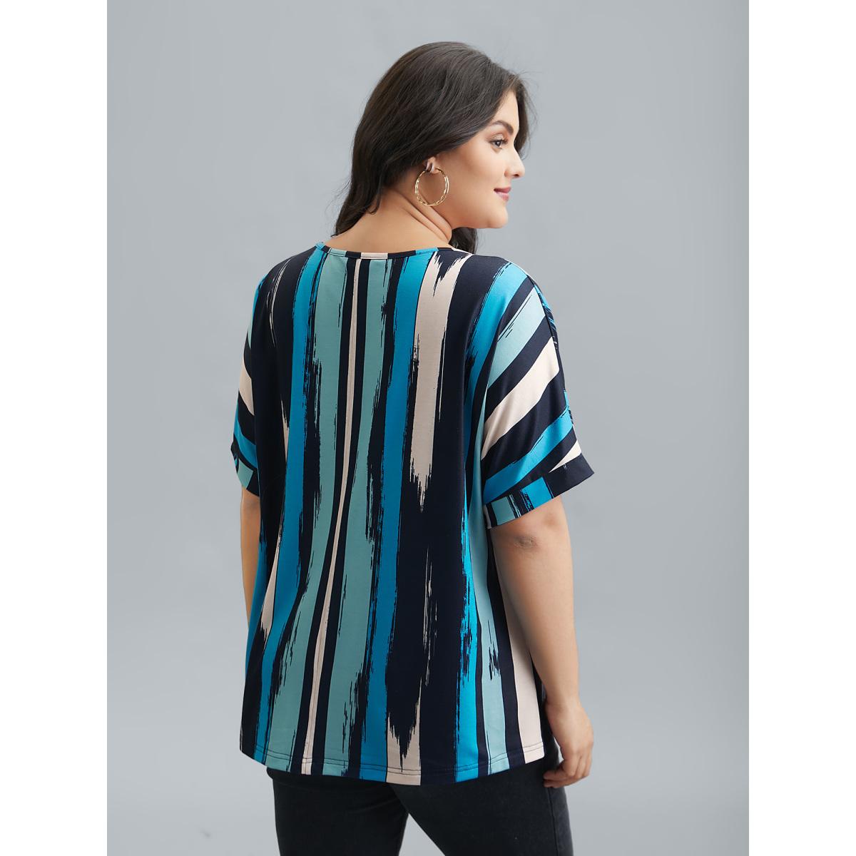 Plus Size Striped Print Dolman Sleeve T-Shirt Multicolor Women Casual Contrast Round Neck Everyday T-shirts BloomChic 10/M Product Image