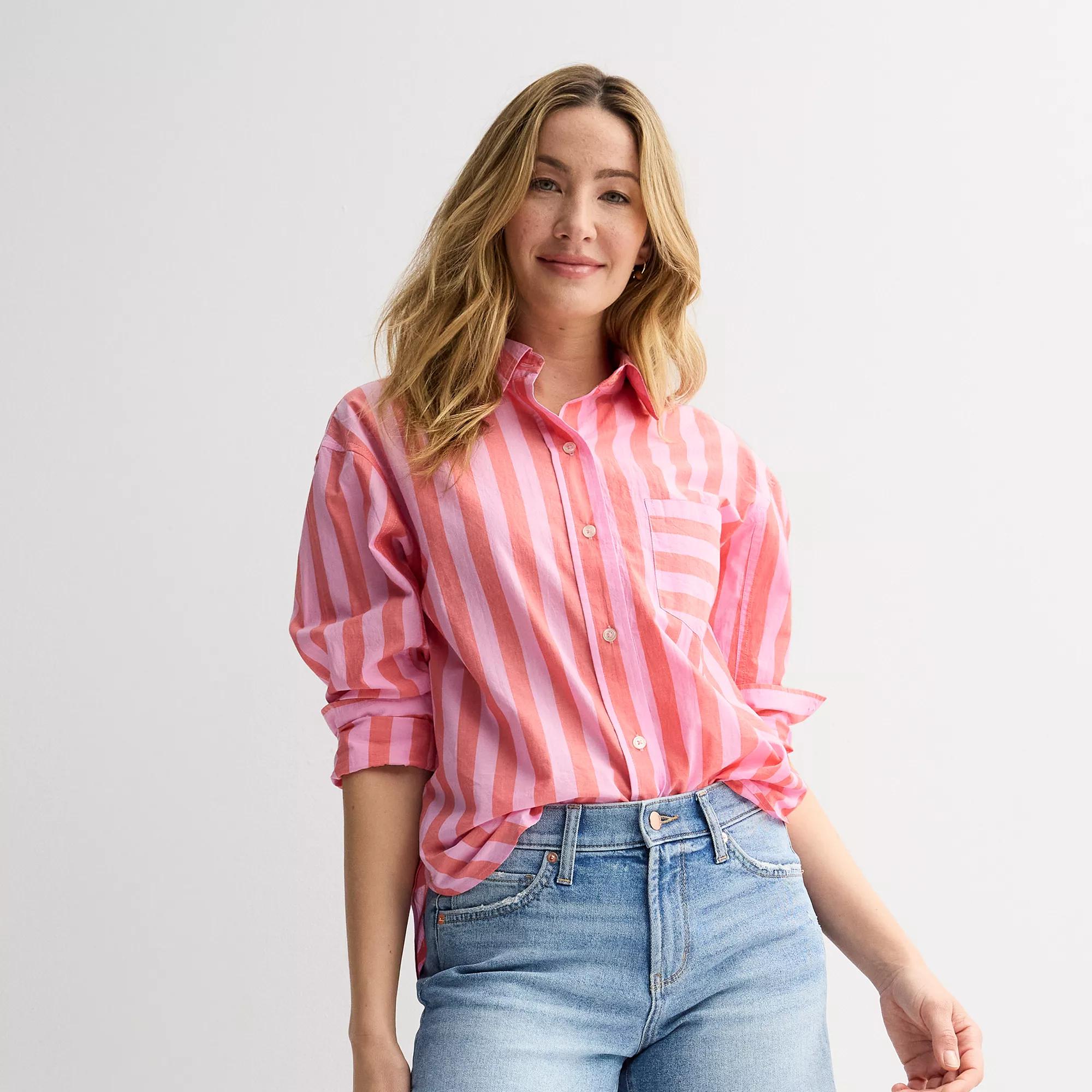 Women's Sonoma Goods For Life® Oversized Boyfriend Shirt, Size: XL, Peach Pink Stripe Product Image