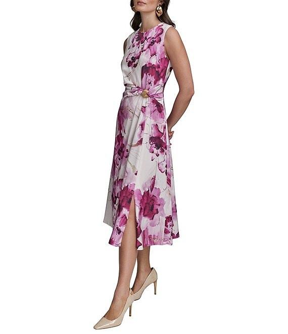 Donna Karan Floral Print Crew Neck Cap Sleeve Wrap Front Midi Dress Product Image