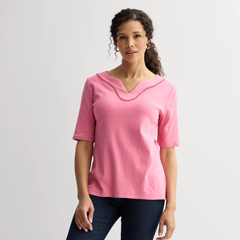 Petite Croft & Barrow® Bobble Trim Splitneck Top, Women's, Size: Large Petite, Pinkberry Product Image