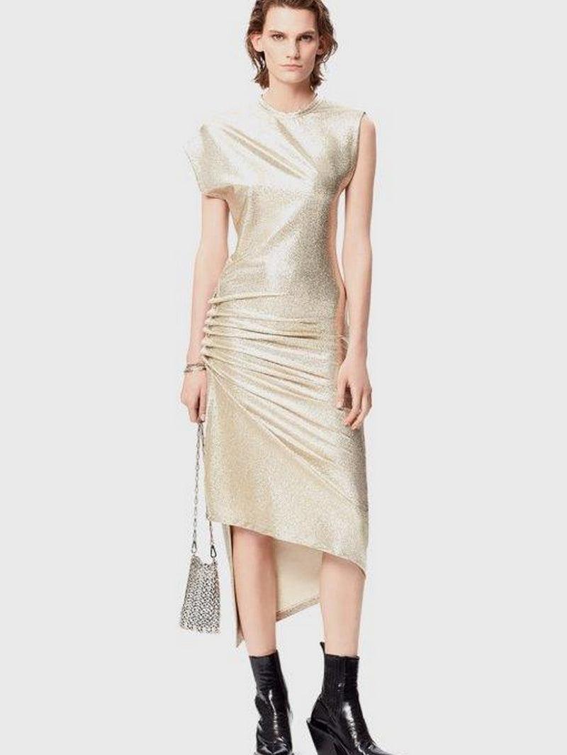 Gold drapé pression dress in lurex Product Image