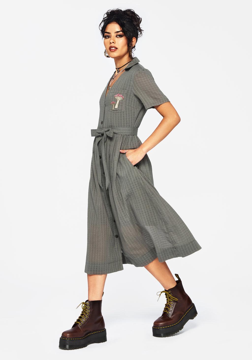 Koax Cotton Check Embroidered Button Up Midi Shirt Dress Product Image