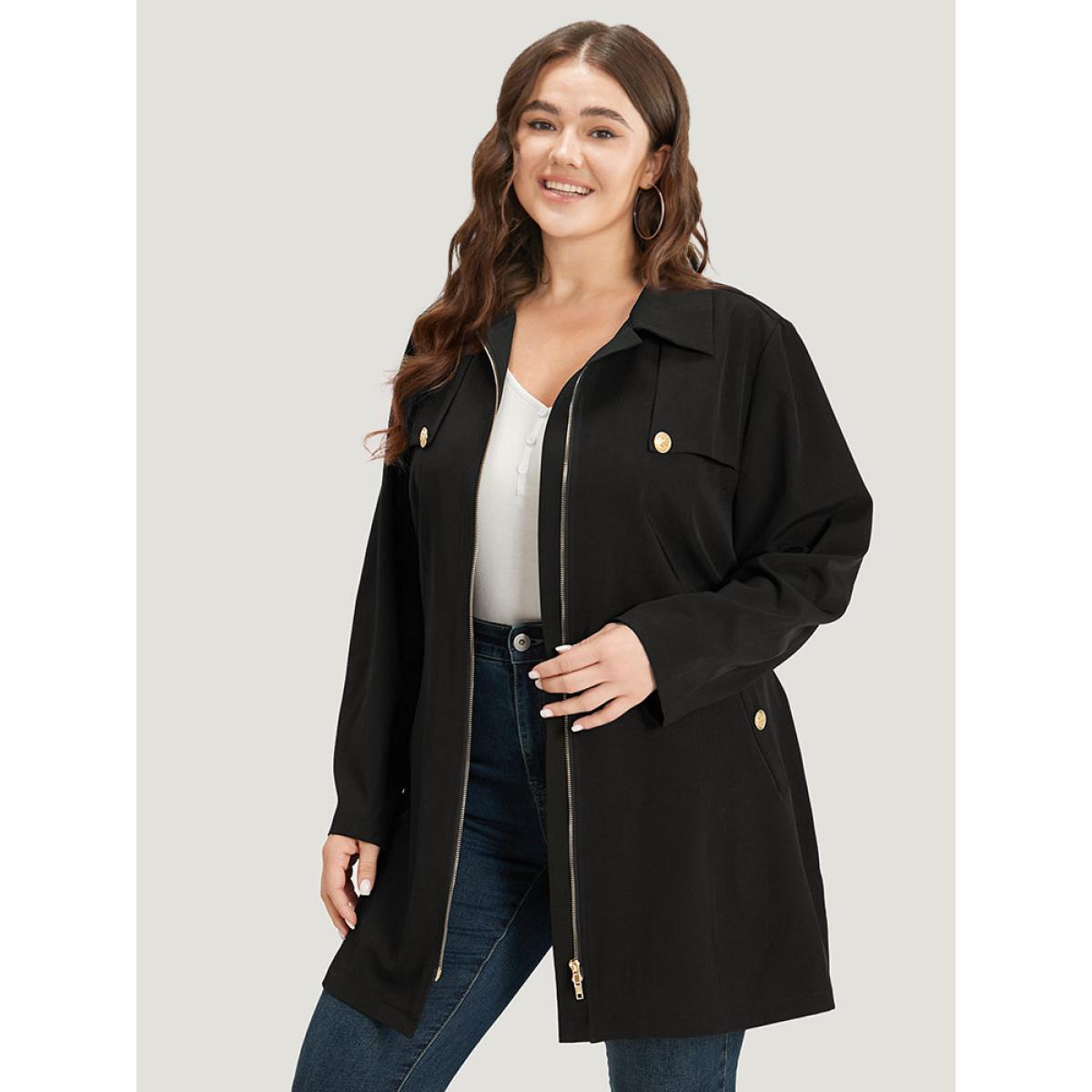 Plus Size Solid Belted Button Detail Zipper Pocket Coat Women Black Plain Pocket Belt Dailywear Jackets BloomChic 14-16/1X Product Image