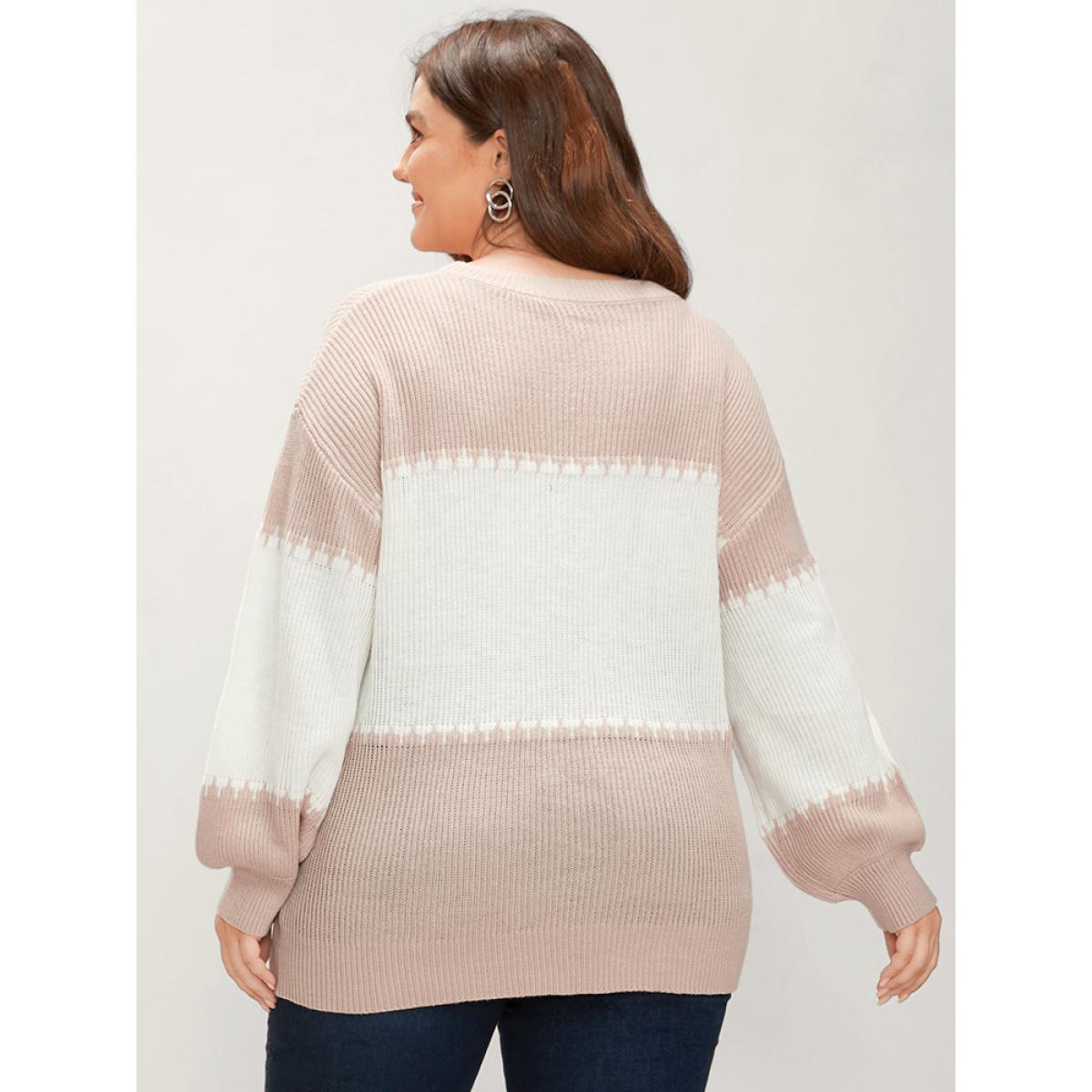 Plus Size Colorblock Contrast Pointelle Knit Lantern Sleeve Round Neck Knit Top DustyPink Women Casual Loose Long Sleeve Round Neck Dailywear Pullovers BloomChic 30/6X Product Image
