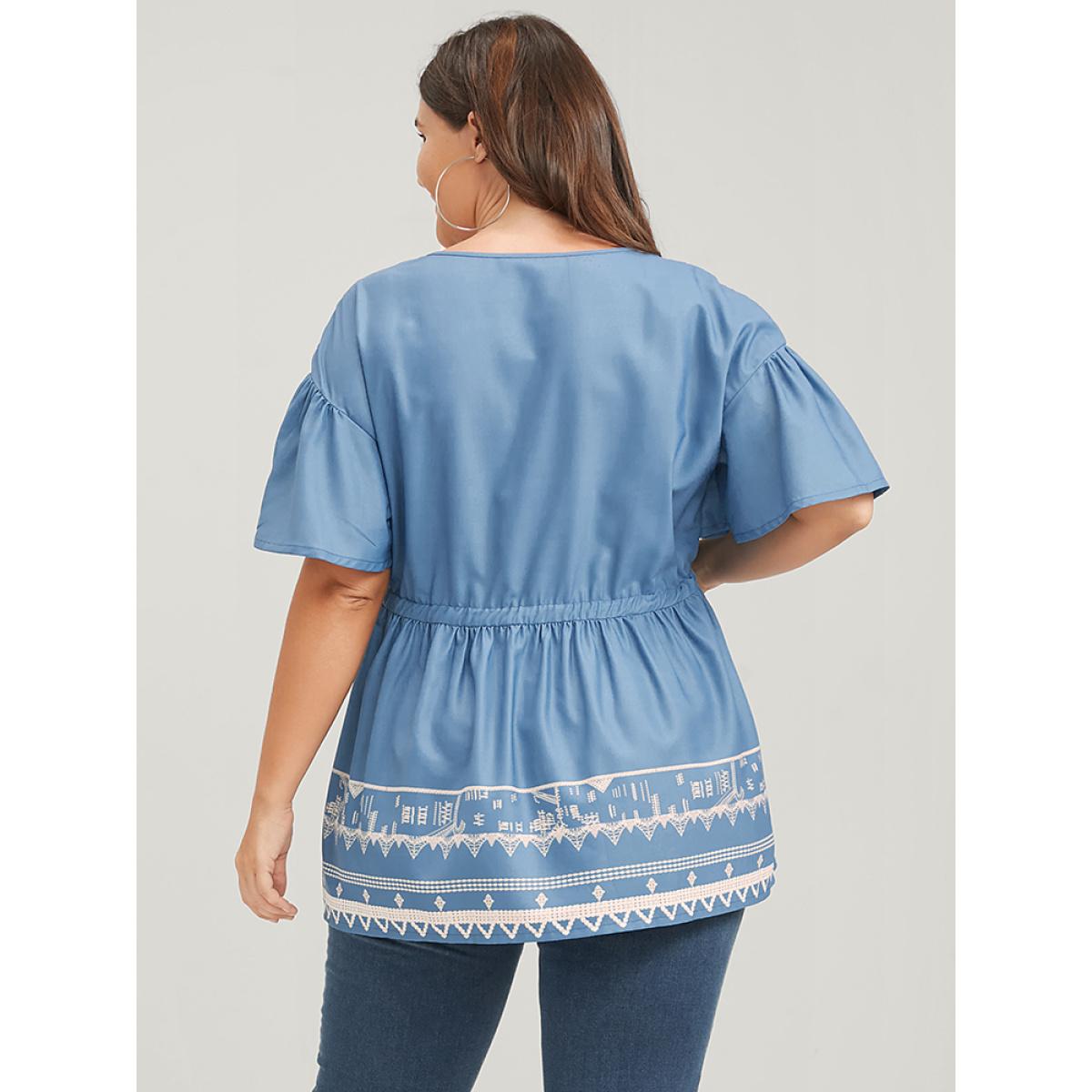 Plus Size LightBlue Bandana Ruffles Button Flutter Ties Wrap Blouse Women Elegant Short sleeve V-neck Dailywear Blouses BloomChic 10/M Product Image