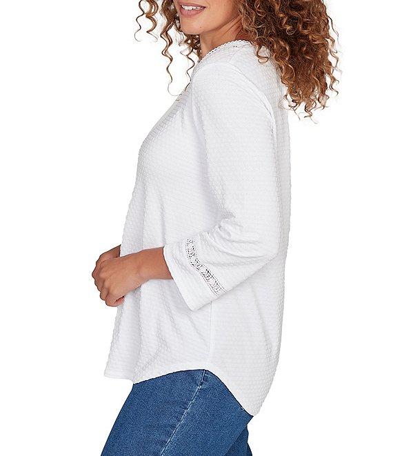 Ruby Rd. Petite Size Soft Textured Knit Crew Neck 3/4 Sleeve Lace Trim Top Product Image