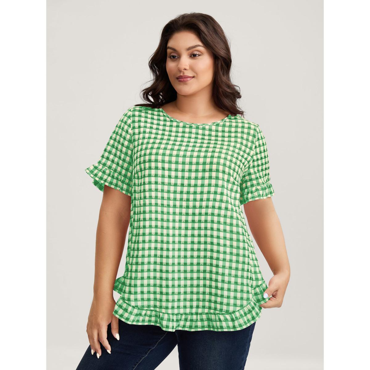 Plus Size Malachitegreen Gingham Print Button Back Blouse Women Short sleeve Round Neck Everyday-Casual Blouses BloomChic 12/L Product Image