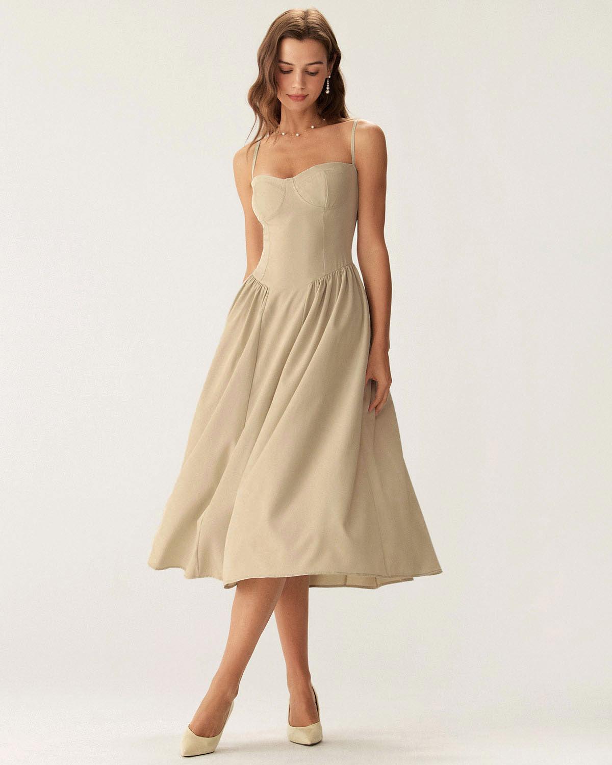 Khaki Square Neck Pocket Slip Midi Dress Product Image