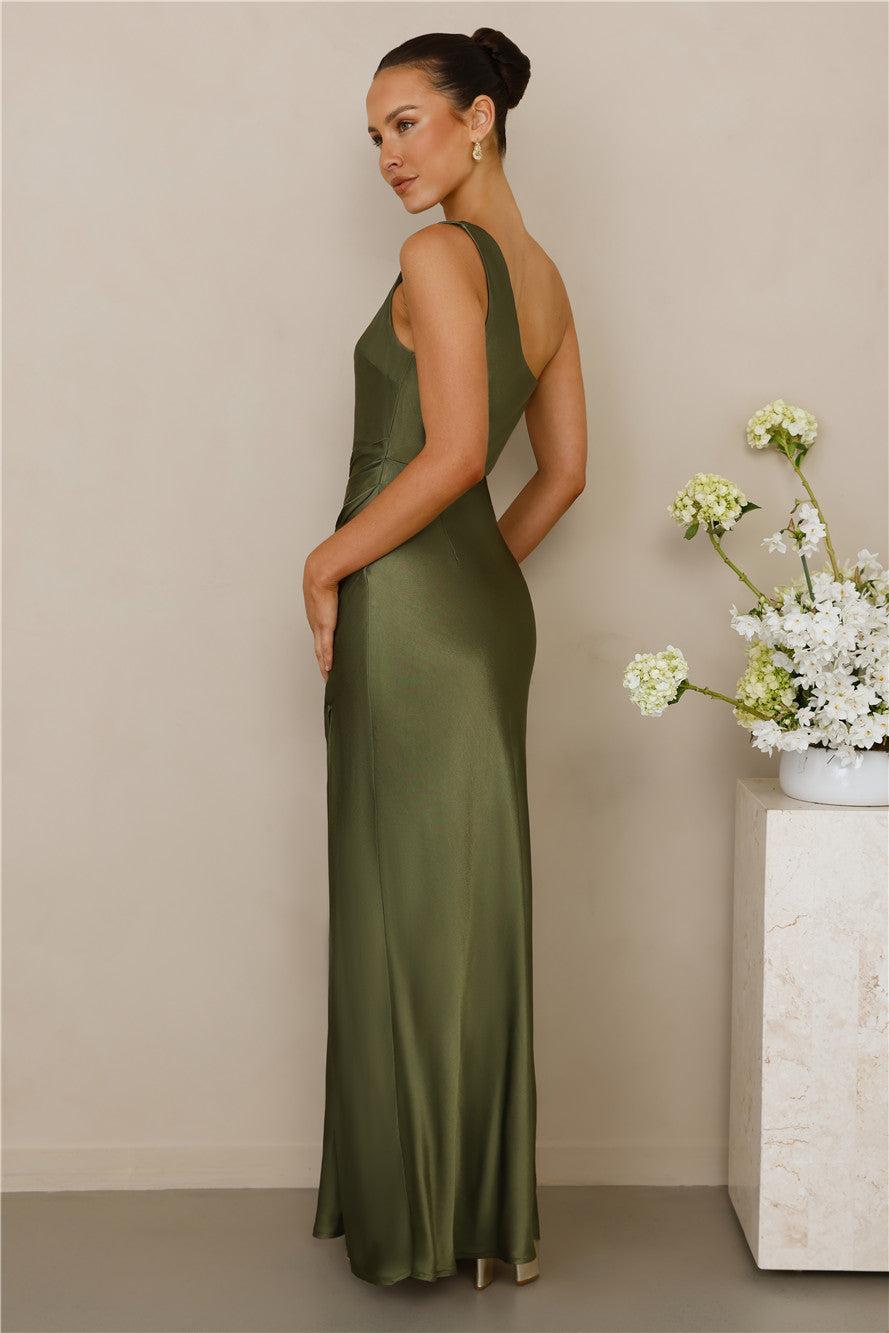 The Aurora One Shoulder Satin Maxi Dress Olive Product Image