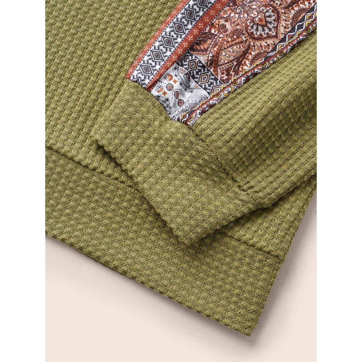 Plus Size Boho Print Patchwork Waffle Knit Crew Neck Sweatshirt Women ArmyGreen Leisure Elastic cuffs Round Neck Casual Sweatshirts BloomChic 22-24/3X Product Image