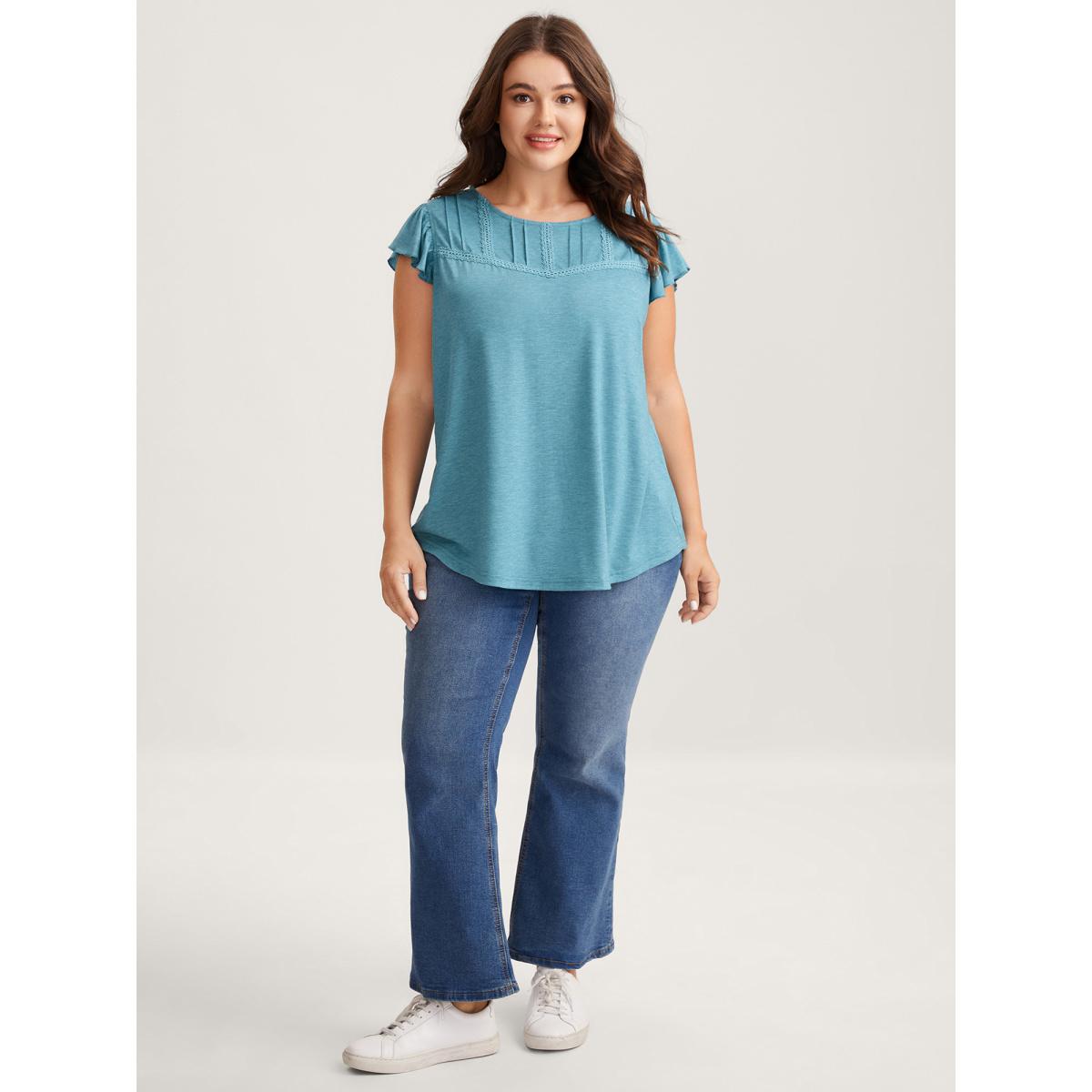 Plus Size Lace Toothpick Pleat Solid Top Turquoise Women Tucked seam Round Neck Everyday-Casual T-shirts BloomChic 10/M Product Image