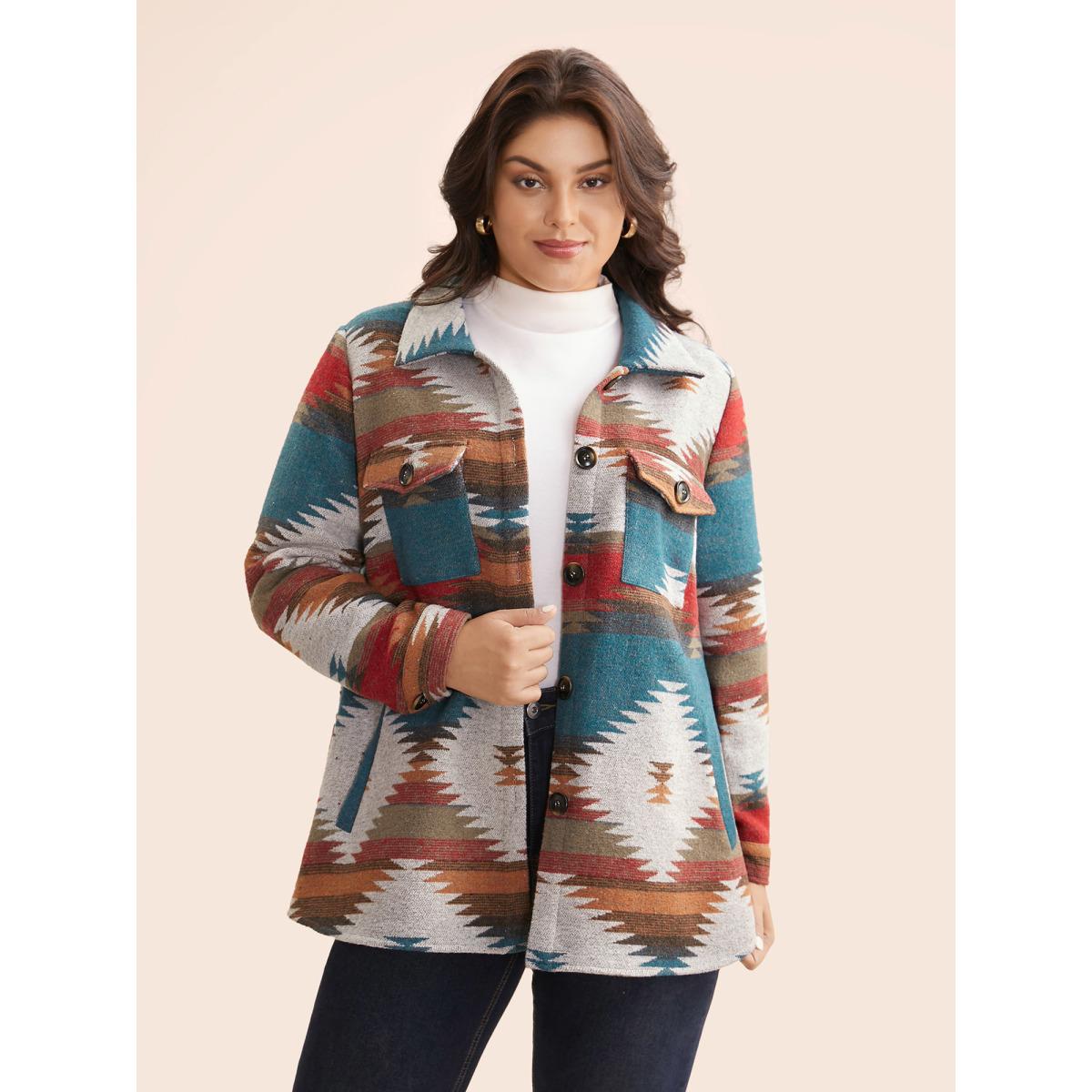 Plus Size Geometric Contrast Flap Detail Jacket Women Multicolor Contrast Loose Slanted pocket Everyday Jackets BloomChic 14-16/1X Product Image