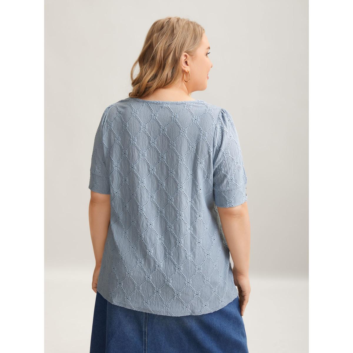 Plus Size Textured Puffy Sleeve Buttons T-Shirt Stone Women Casual Texture Round Neck Everyday T-shirts BloomChic 30/6X Product Image