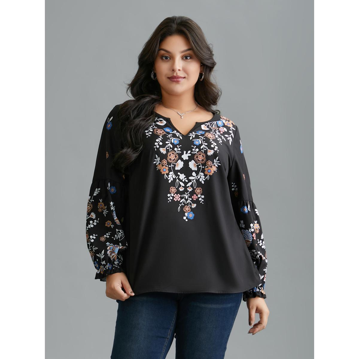 Plus Size Black Floral Puffy Sleeve V-Neck Blouse Women Elegant Long Sleeve Notched collar Everyday Blouses BloomChic 22-24/3X Product Image