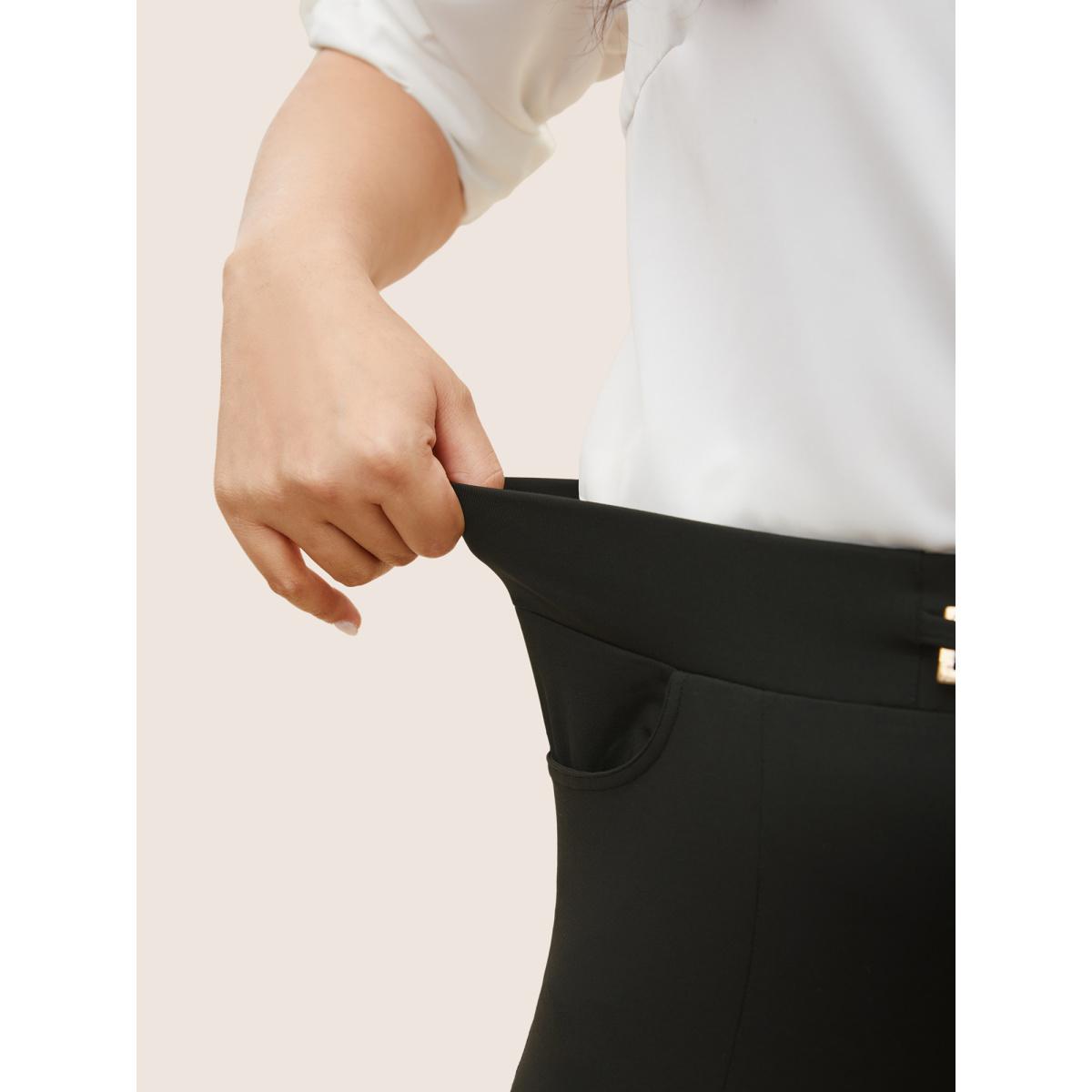 Plus Size Solid Metal Chain Detail Pocket High Rise Leggings Women Black At the Office High stretch Skinny High Rise Office Leggings BloomChic 22-24/3X Product Image