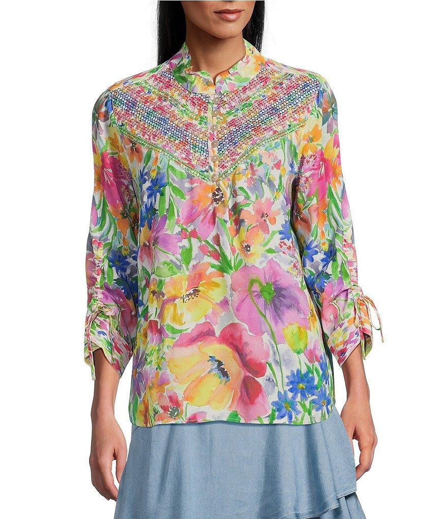John Mark Petite Size Woven Floral Ruffled Round Neck 3/4 Cinched Tie Sleeve Top Product Image