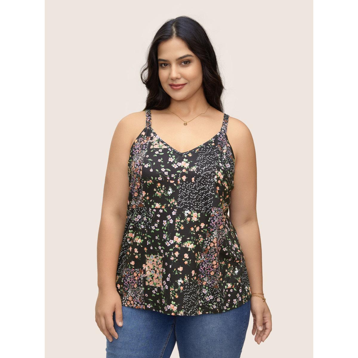 Plus Size V Neck Ditsy Floral Patchwork Cami Top Women Black Elegant Contrast V-neck Everyday Tank Tops Camis BloomChic 14-16/1X Product Image