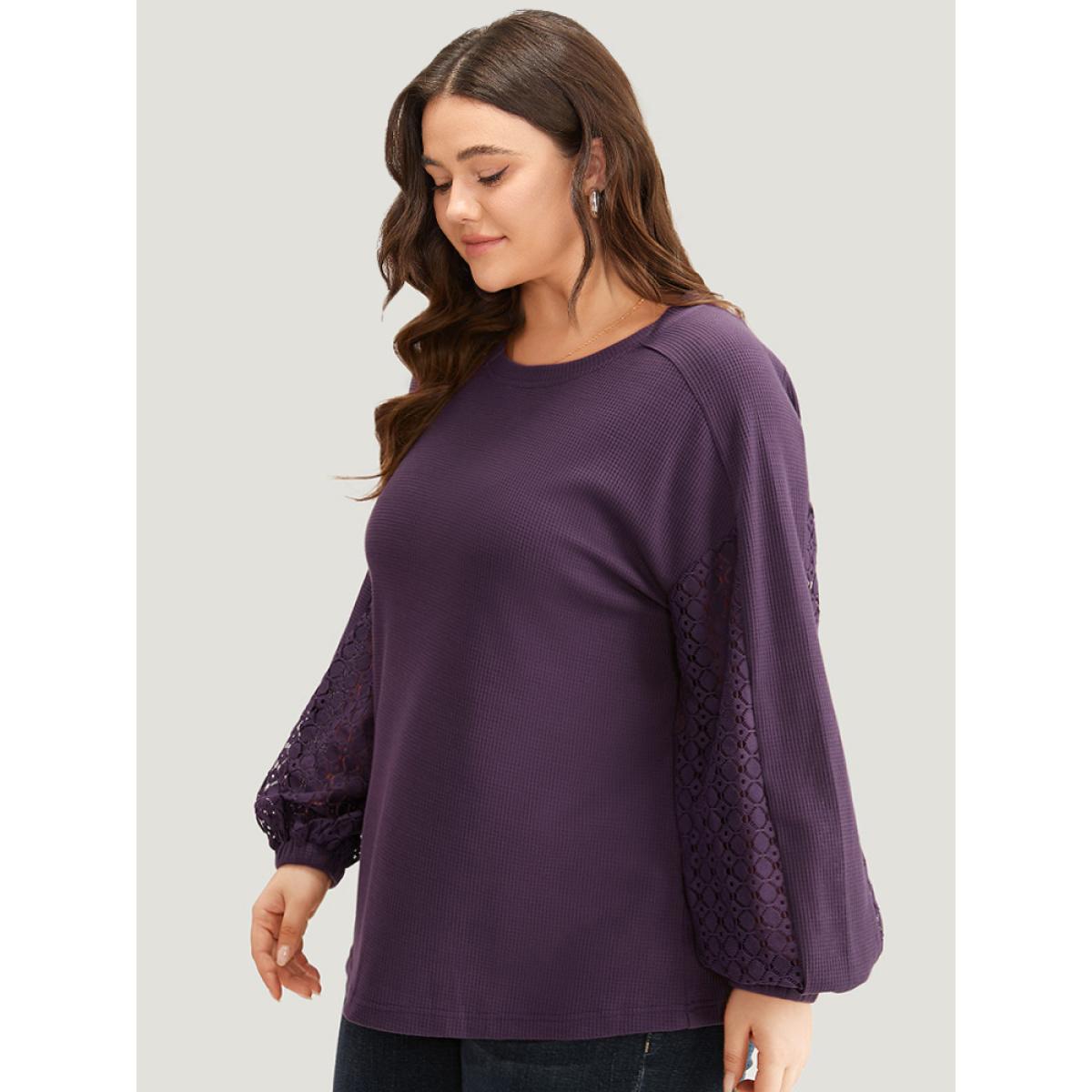 Plus Size Waffle Knit Lace Panel Drop Shoulder Sweatshirt Women Eggplant Elegant Elastic cuffs Round Neck Dailywear Sweatshirts BloomChic 22-24/3X Product Image