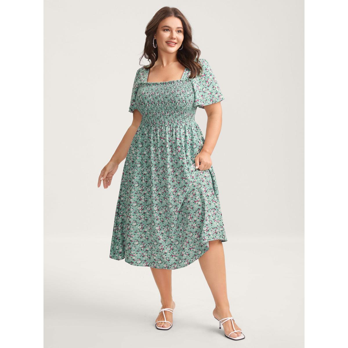 Plus Size Rayon Ditsy Floral Print Shirred Midi Dress Mint Women Square Neck Short sleeve Curvy BloomChic 22-24/3X Product Image