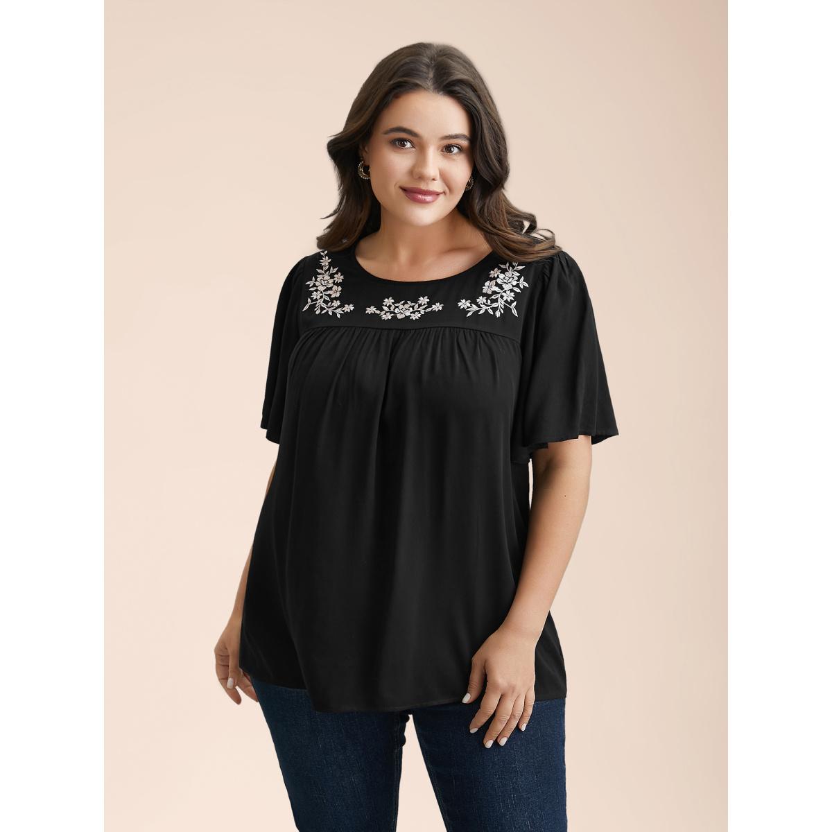 Plus Size Black Floral Embroidery Pleated Front Blouse Women Elegant Short sleeve Round Neck Everyday Blouses BloomChic 18-20/2X Product Image