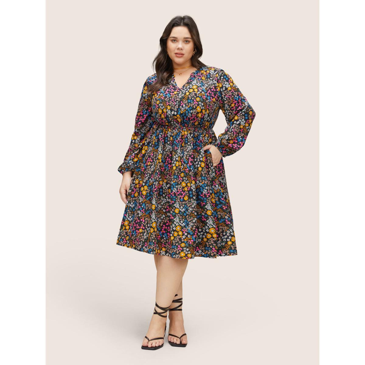 Plus Size Ditsy Floral Notched Pocket Lantern Sleeve Dress Black Women Elegant Non Notched collar Long Sleeve Curvy Midi Dress BloomChic 14-16/1X Product Image
