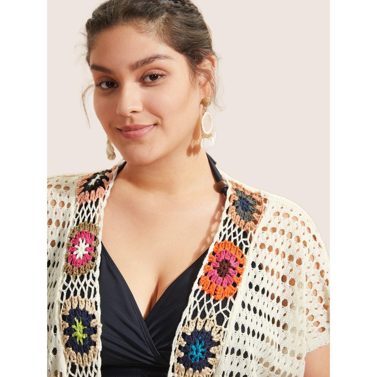 Plus Size Floral Cut Out Tassels Hem Mesh Swim Cover Up Women's Swimwear Ivory Beach Crochet Curve Swim Cover Ups BloomChic 14-16/1X Product Image