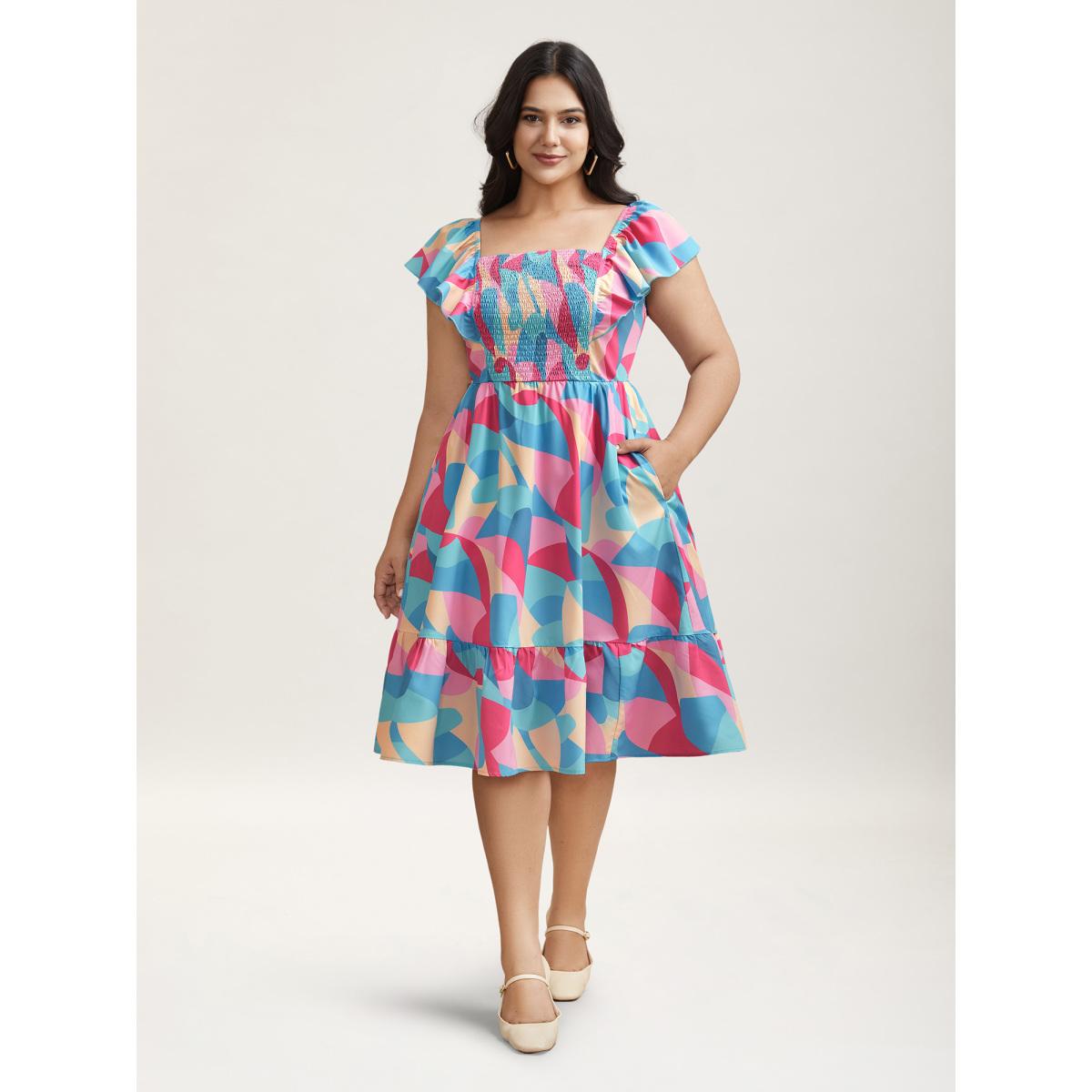 Plus Size Flutter Sleeve Color Block Shirred Stretchy Midi Dress Multicolor Women Casual Shirred Square Neck Cap Sleeve Curvy BloomChic 14-16/1X Product Image