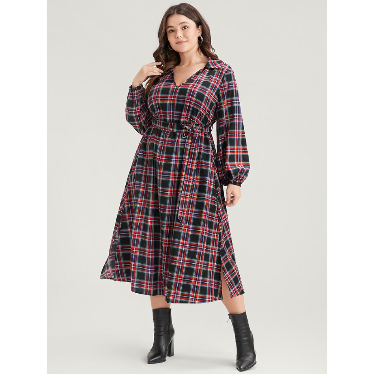 Plus Size Tartan Lantern Sleeve Pocket Belted Midi Dress Russet Women Elegant Elastic Waist Lapel Collar Long Sleeve Curvy Midi Dress BloomChic 14-16/1X Product Image