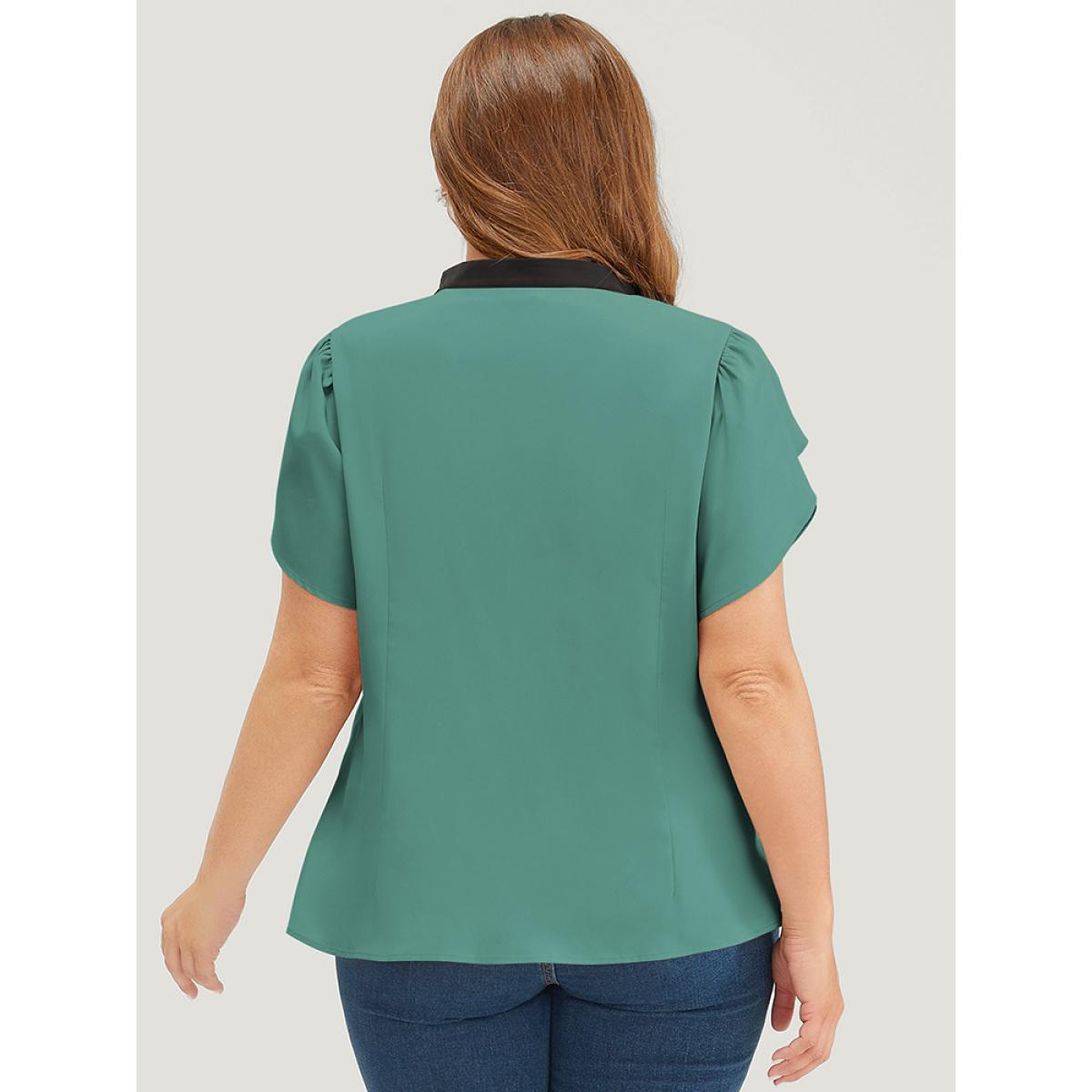 Plus Size Teal Plain Contrast Trim Split Petal Sleeve Blouse Women Office Short sleeve Stand-up collar Dailywear Blouses BloomChic 30/6X Product Image