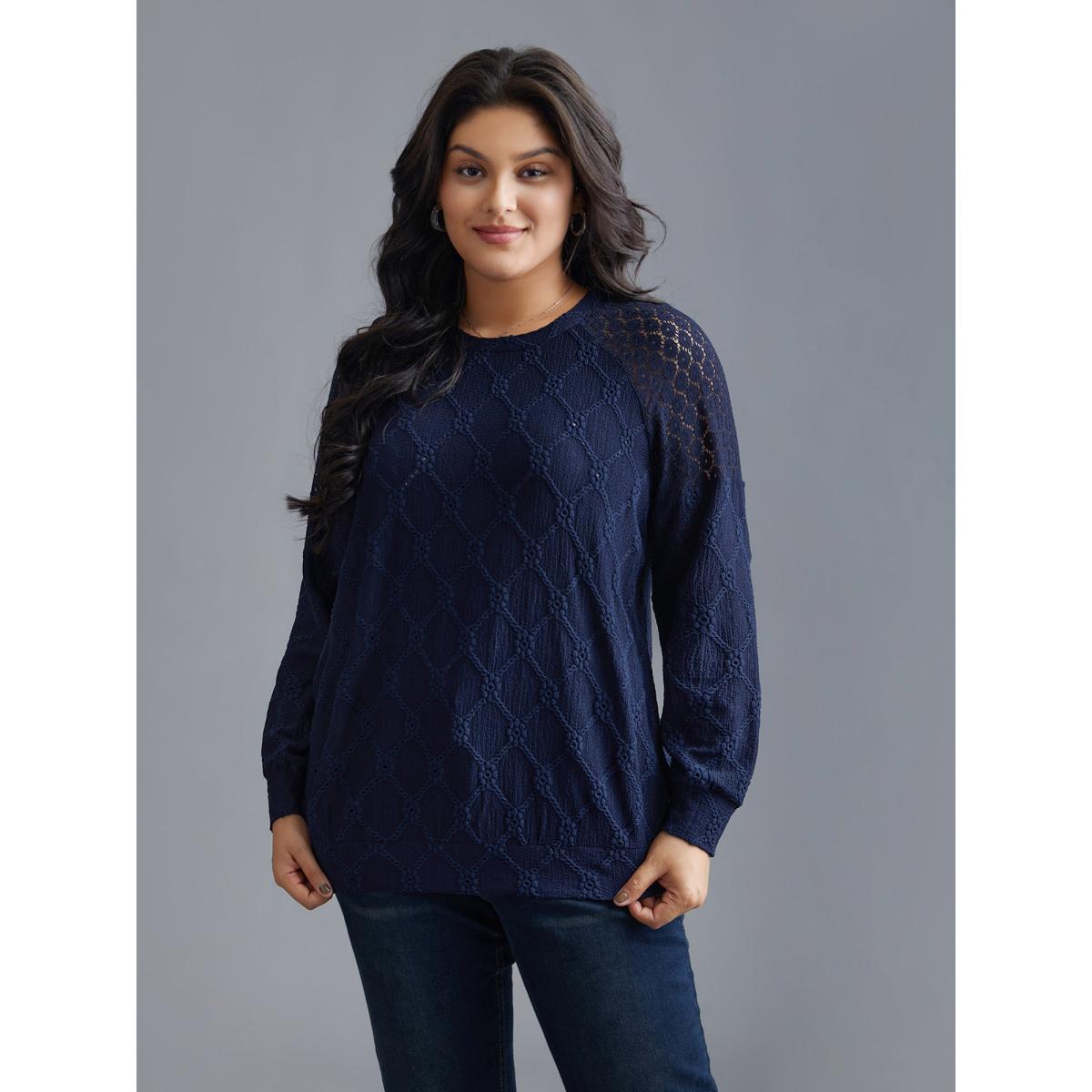 Plus Size Raglan Lace Mesh Sleeve Textured Sweatshirt Women Indigo Elegant See through Round Neck Everyday Sweatshirts BloomChic 26/4X Product Image