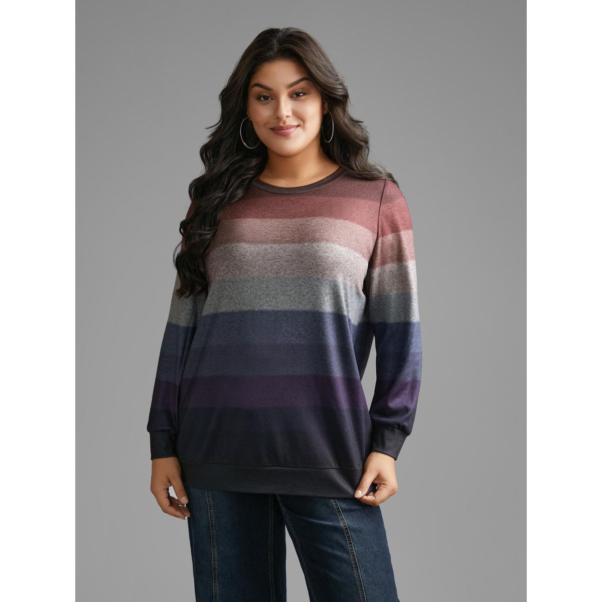 Plus Size Ombre Contrast Round Neck Sweatshirt Women Multicolor Casual Contrast Loose Round Neck Everyday Sweatshirts BloomChic 10/M Product Image