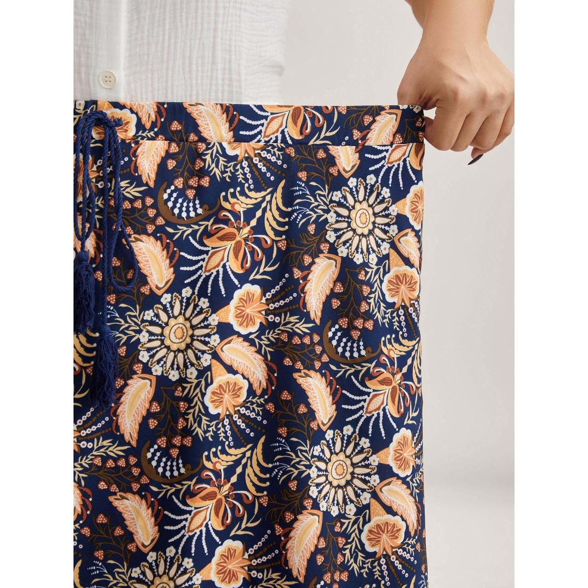 Plus Size Boho Print Tiered A-Line Maxi Skirt Women DarkBlue Loose No stretch Side seam pocket Vacation Skirts BloomChic 18-20/2X Product Image